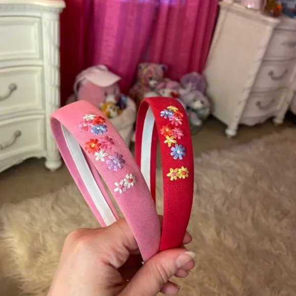 Vintage Y2k Embroidered Headband Set Red/Pink Floral Fashion Hair Accesories - Picture 4 of 4